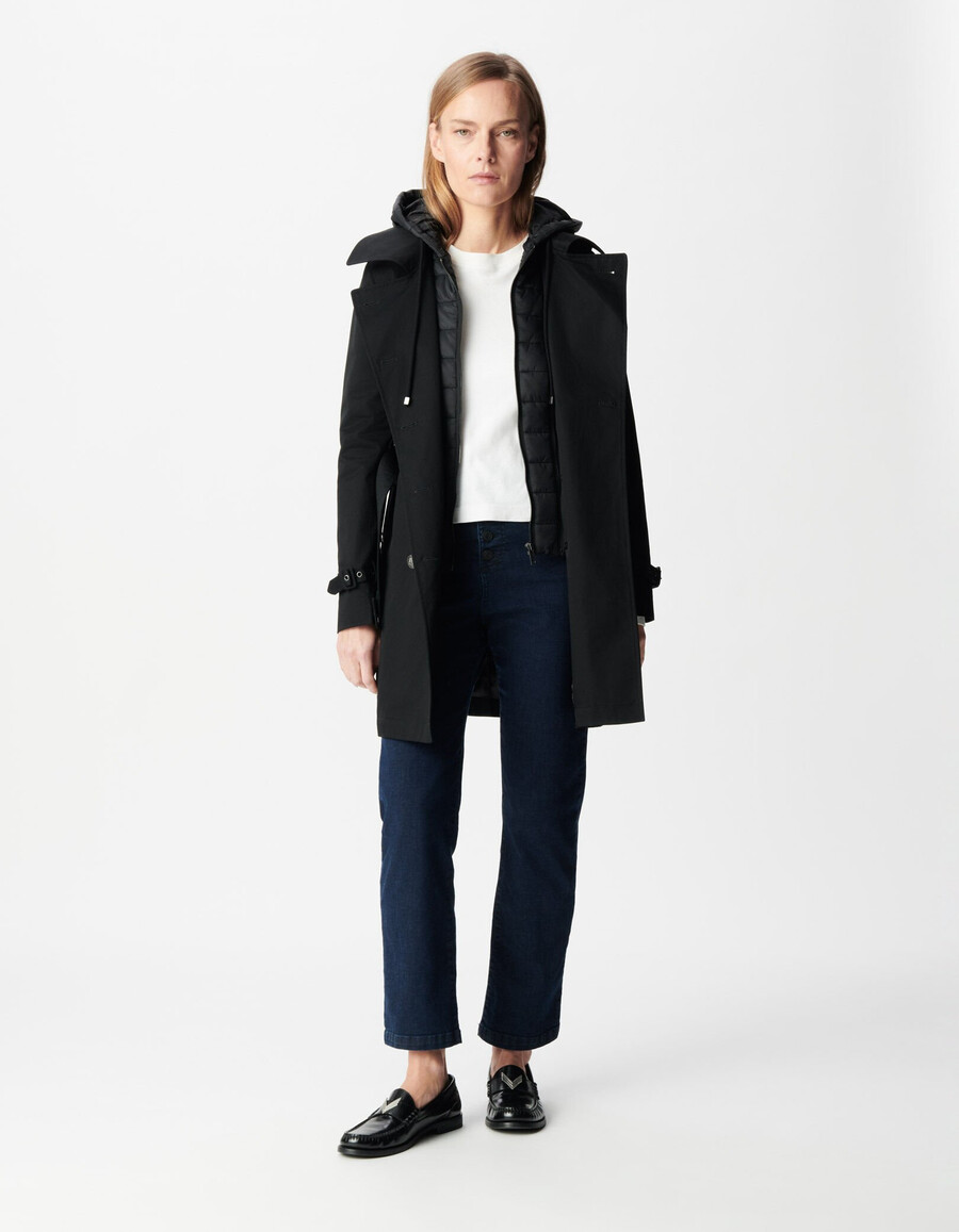 schwarzer damen-trenchcoat mit abnehmbarer nylonkapuze