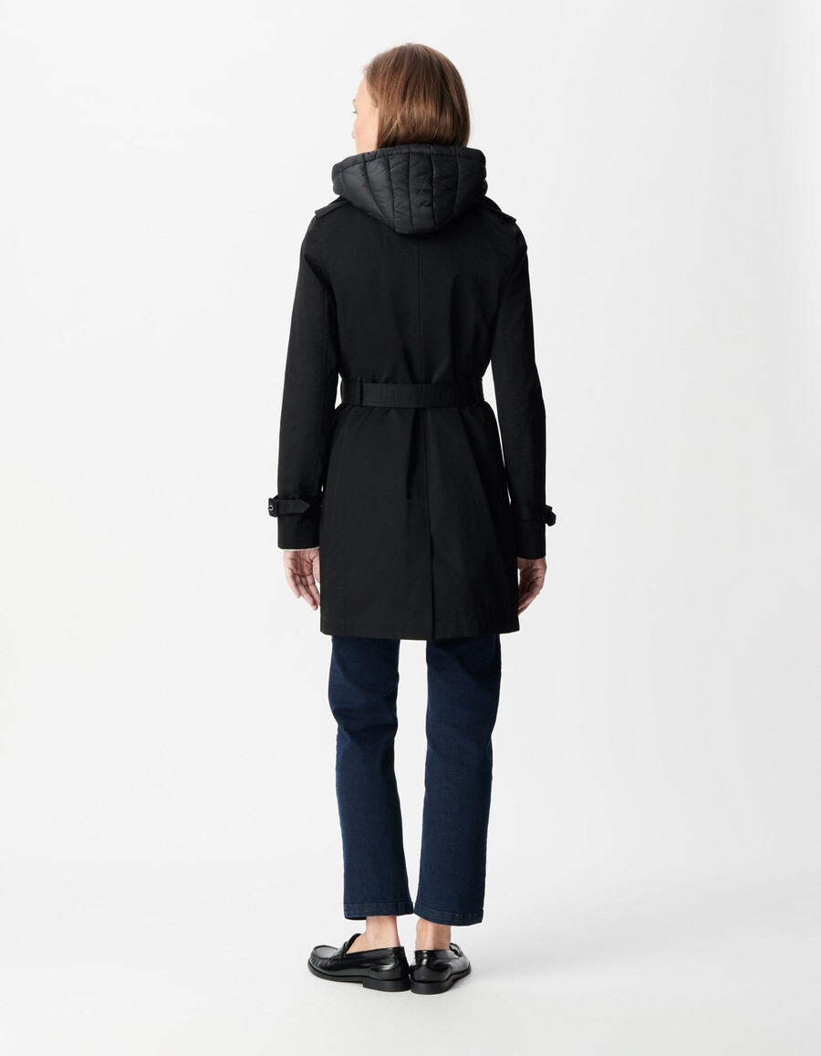 schwarzer damen-trenchcoat mit abnehmbarer nylonkapuze
