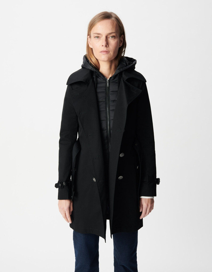 schwarzer damen-trenchcoat mit abnehmbarer nylonkapuze