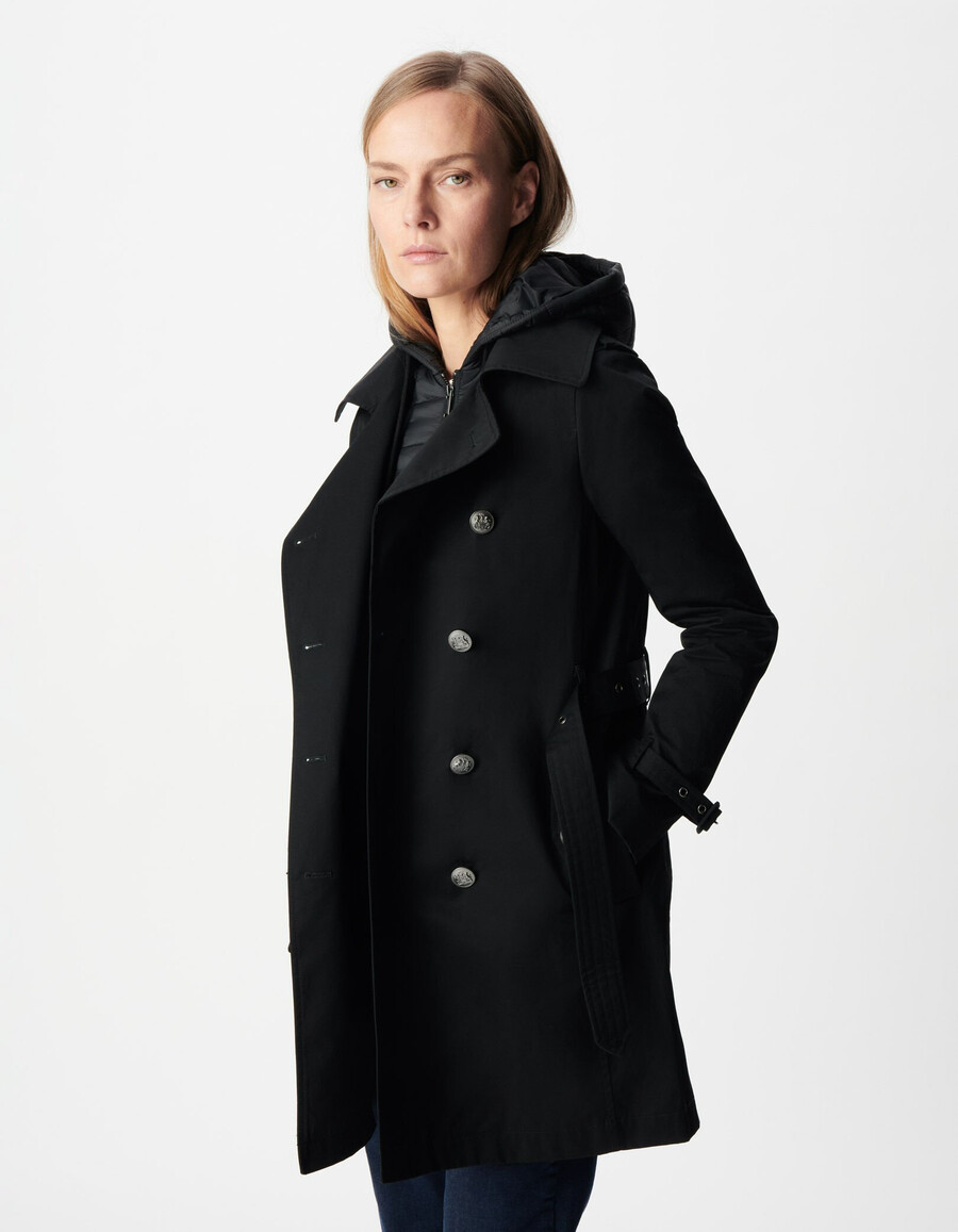 schwarzer damen-trenchcoat mit abnehmbarer nylonkapuze