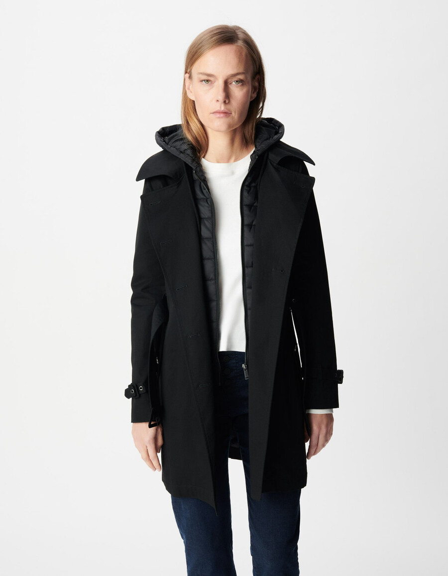 schwarzer damen-trenchcoat mit abnehmbarer nylonkapuze