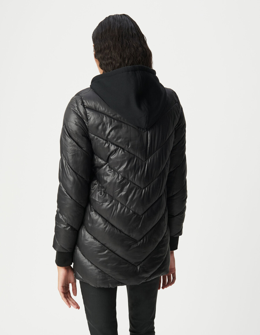 schwarze mittellange damen-steppjacke mit fleecekapuze