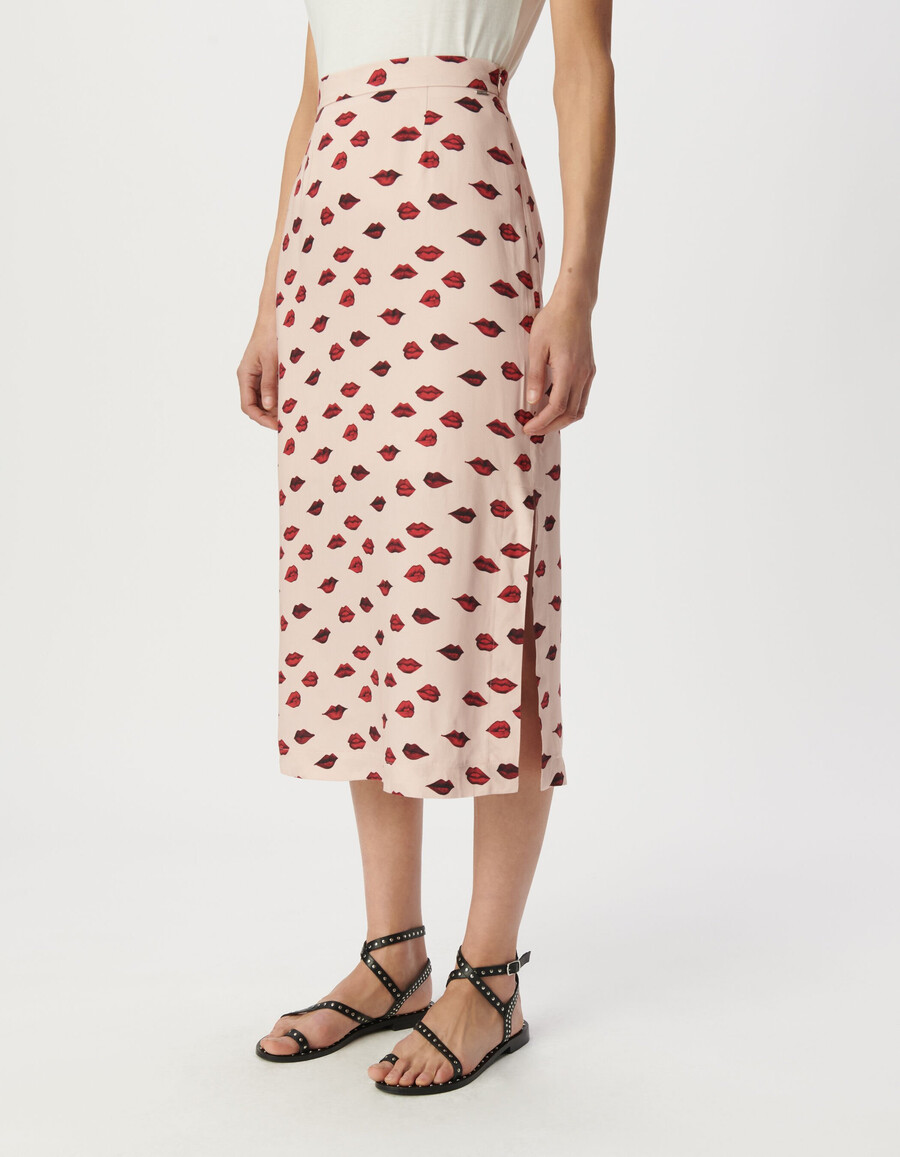 rosa satin-midirock für damen mit mundmuster