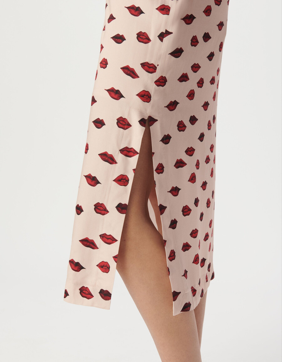 rosa satin-midirock für damen mit mundmuster