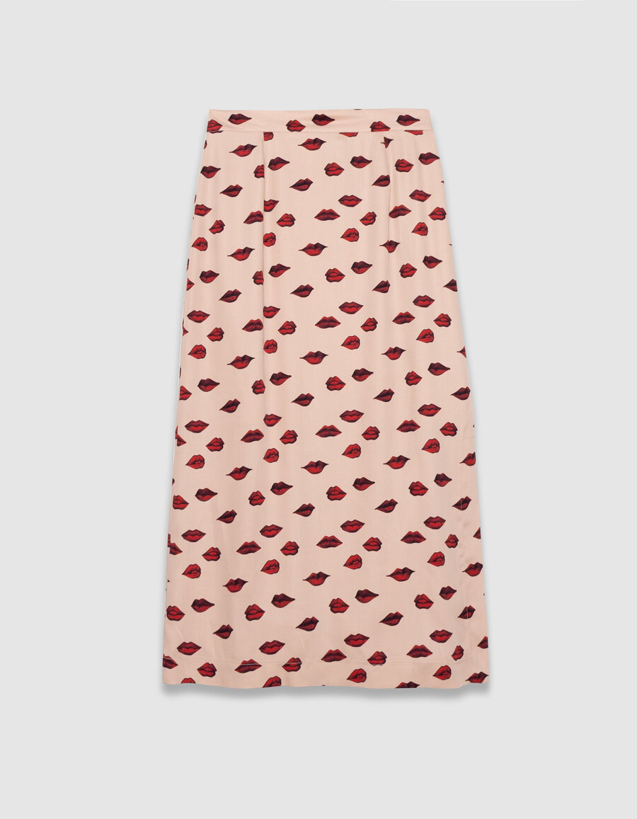 rosa satin-midirock für damen mit mundmuster