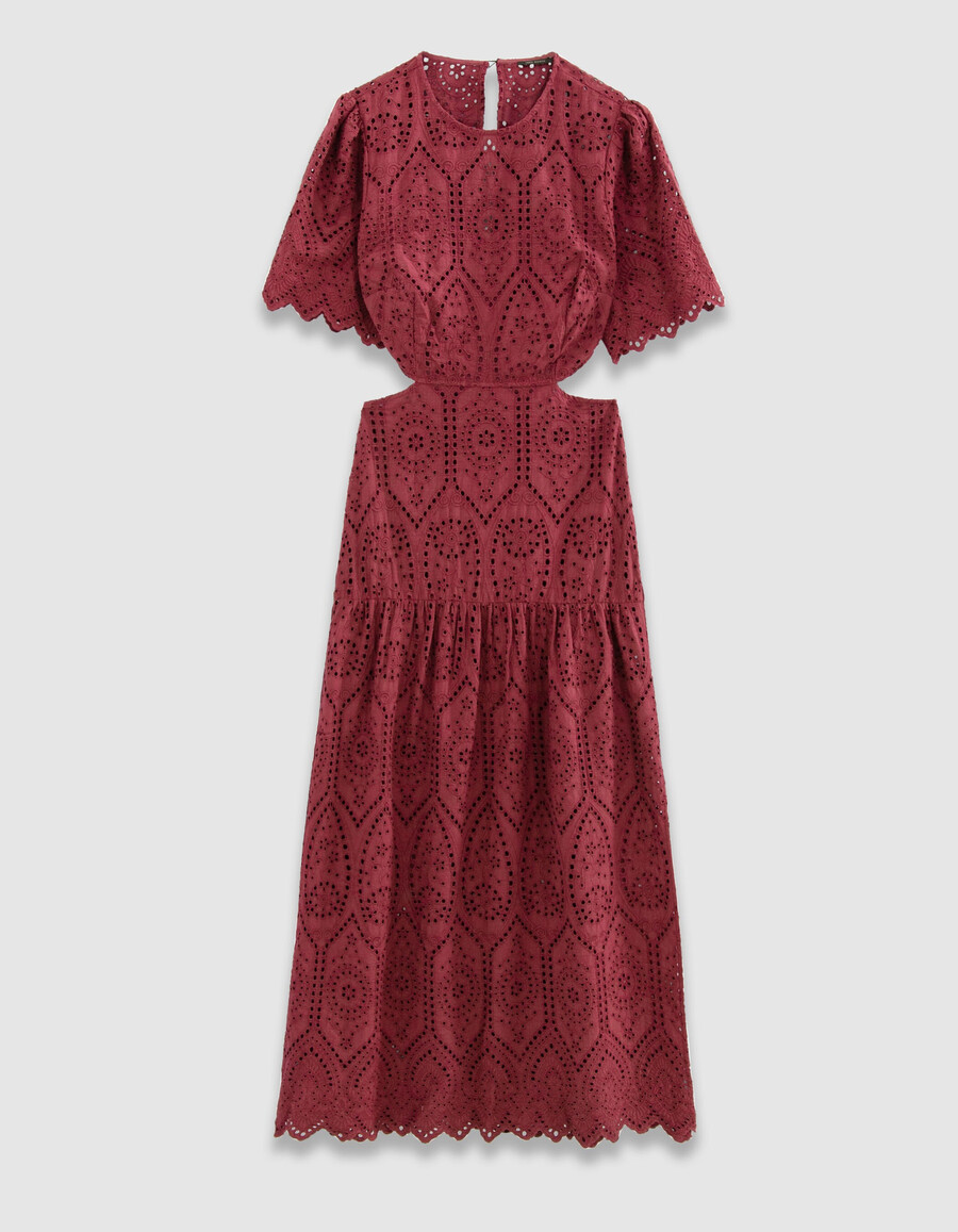 langes burgunderrotes damenkleid mit lochstickerei und offenem rücken