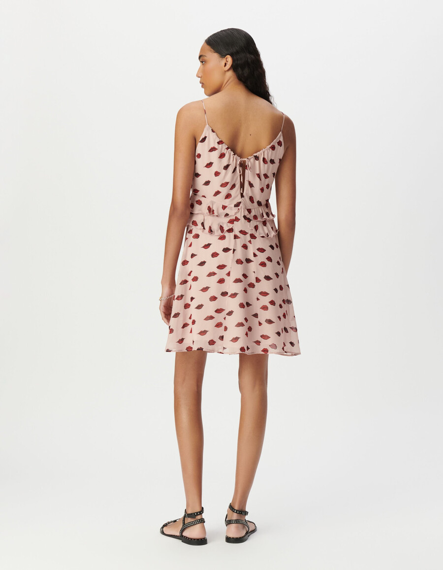 damen-trägerkleid aus rosa voile mit mundmuster