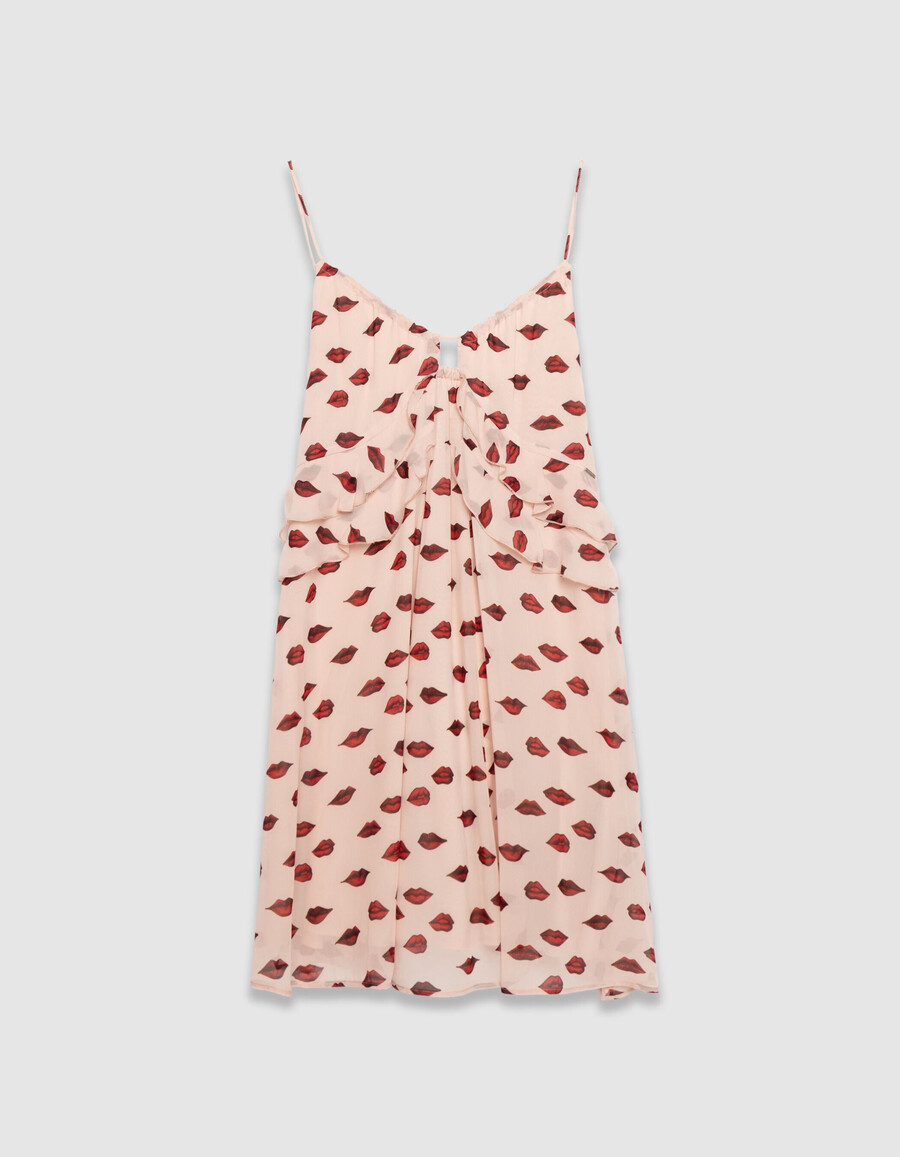 damen-trägerkleid aus rosa voile mit mundmuster