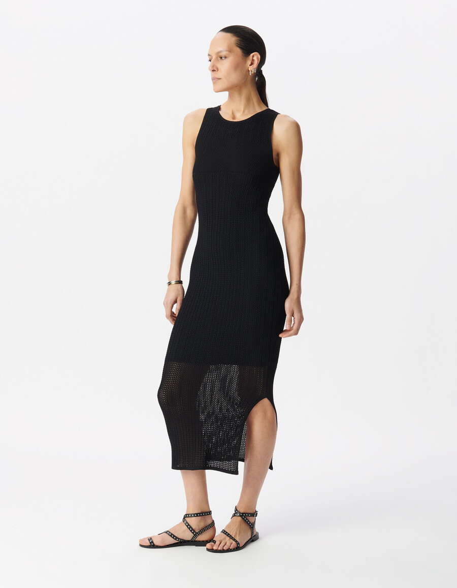 schwarzes luftiges strickkleid in midi-länge für damen