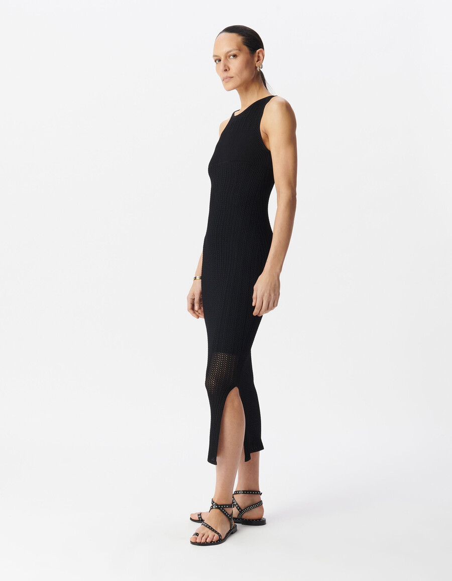 schwarzes luftiges strickkleid in midi-länge für damen