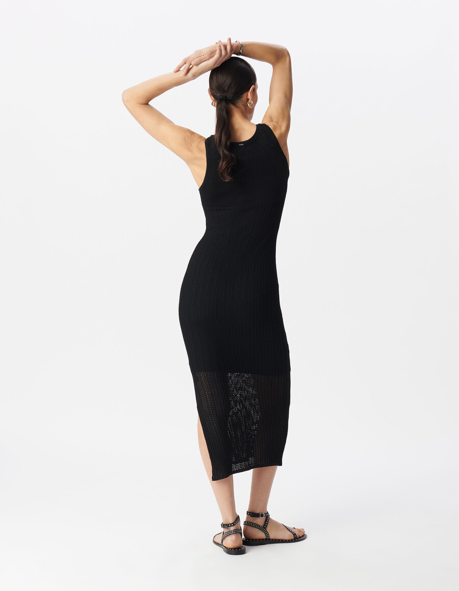 schwarzes luftiges strickkleid in midi-länge für damen