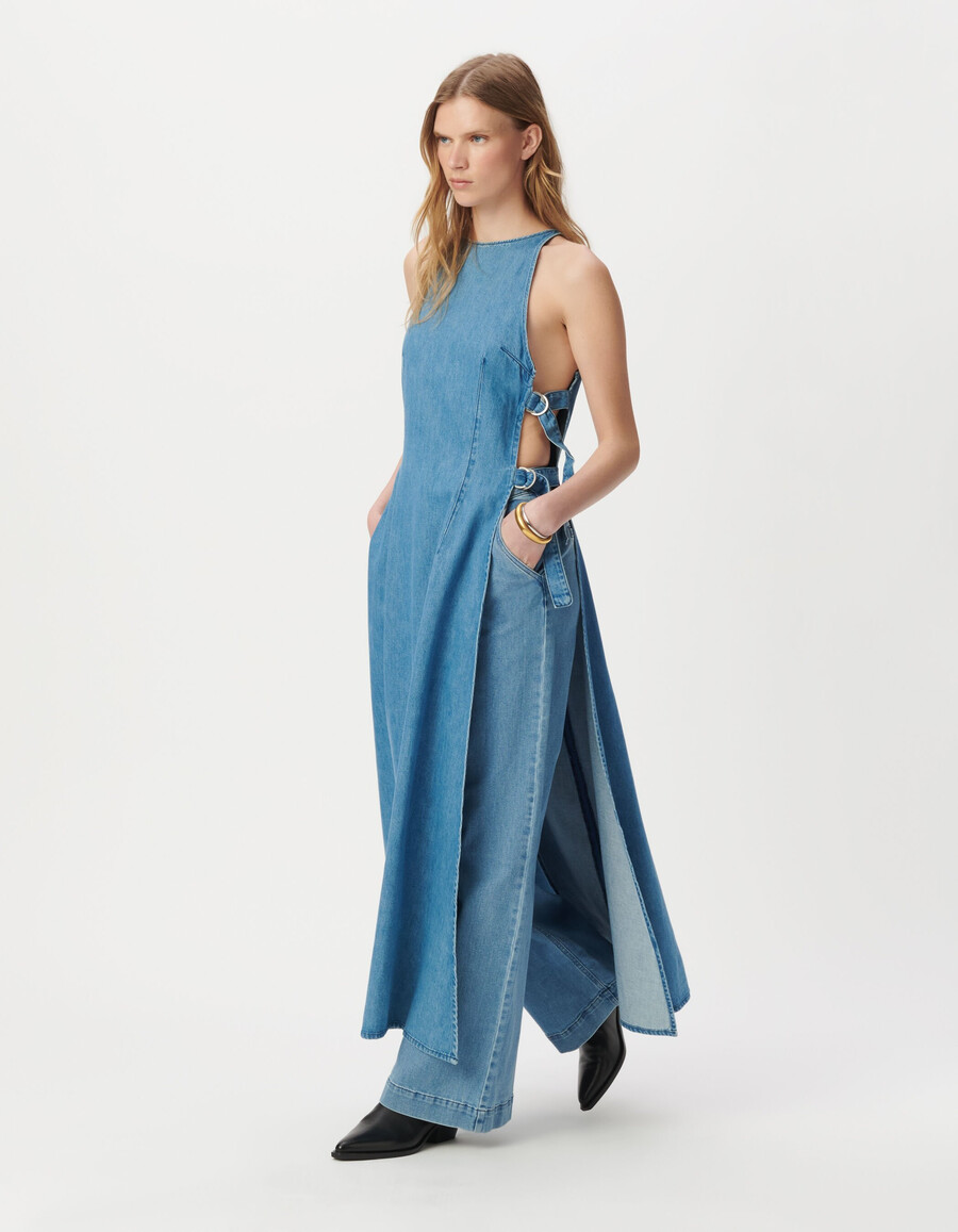 langes seitlich offenes wasserloses jeanskleid
