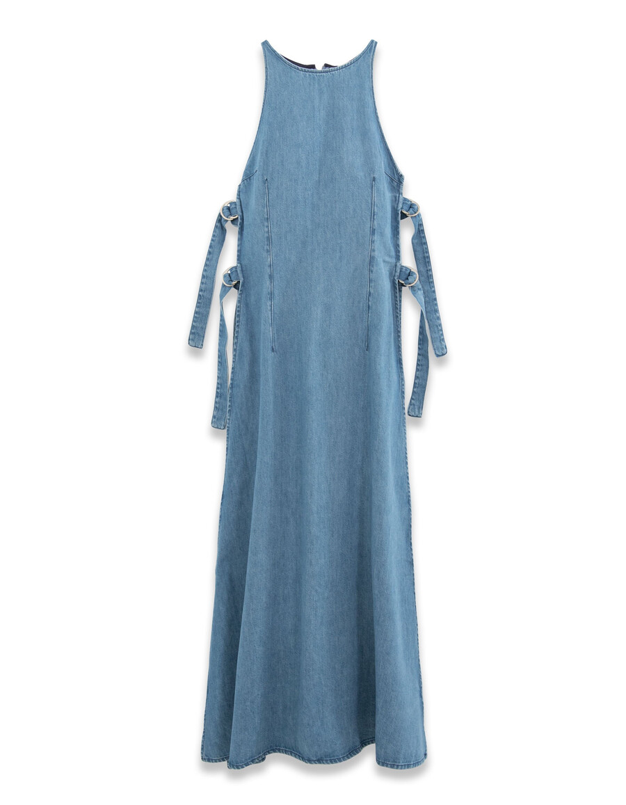 langes seitlich offenes wasserloses jeanskleid