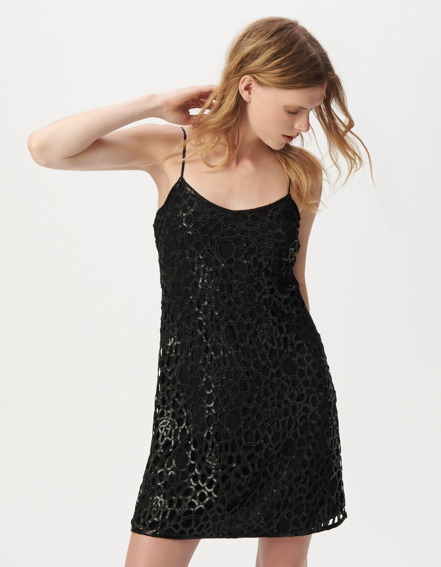 schwarzes kurzes spitzenkleid mit paillettenstickerei für damen