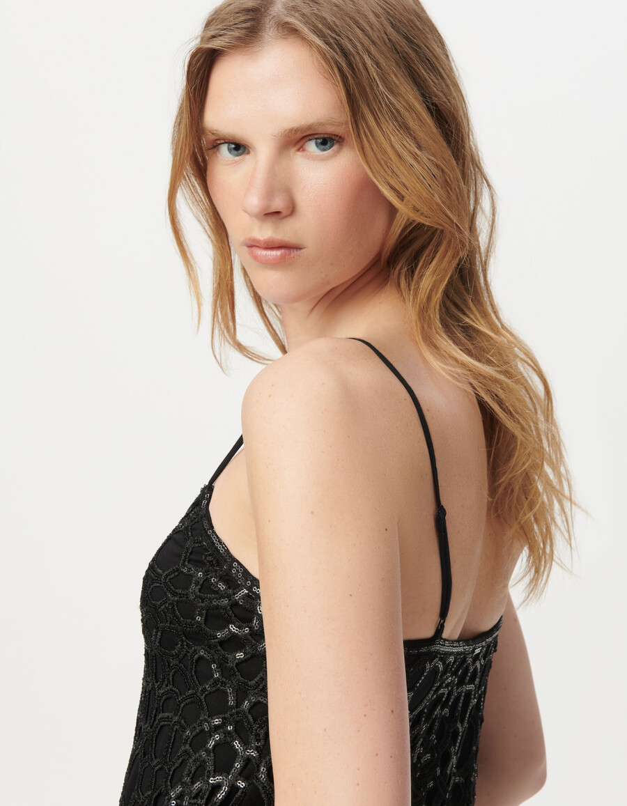 schwarzes kurzes spitzenkleid mit paillettenstickerei für damen