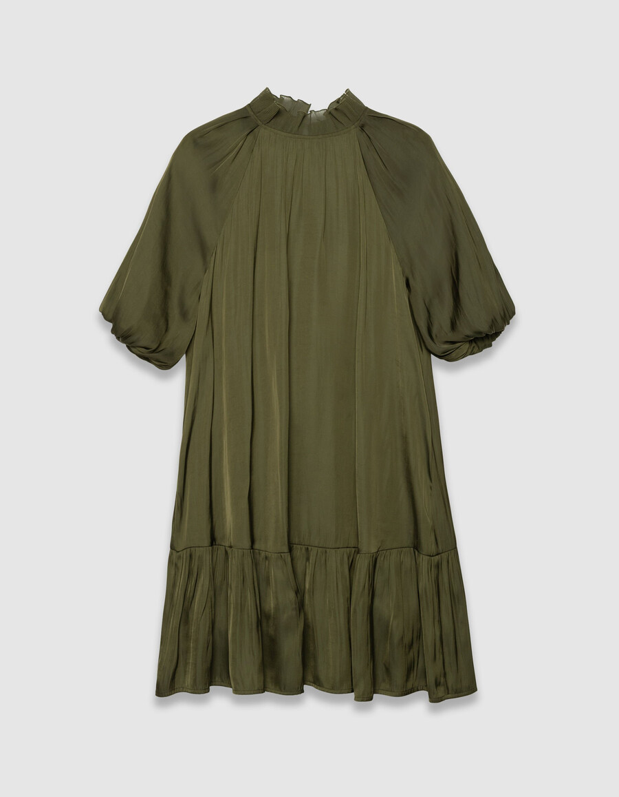 khakifarbenes fließendes damenkleid mit ballonärmeln