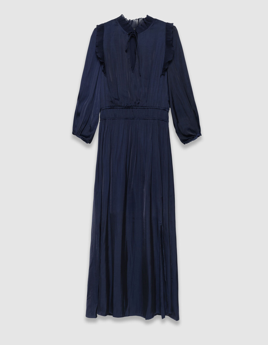 damenkleid in marineblau mit fließendem schnitt und plissierten rüschen