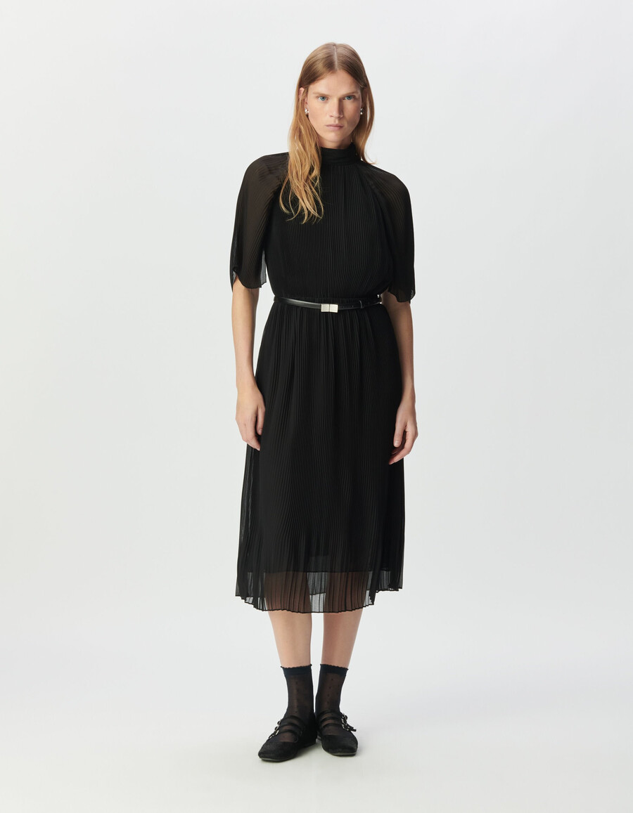 schwarzes plissiertes voile-midikleid für damen