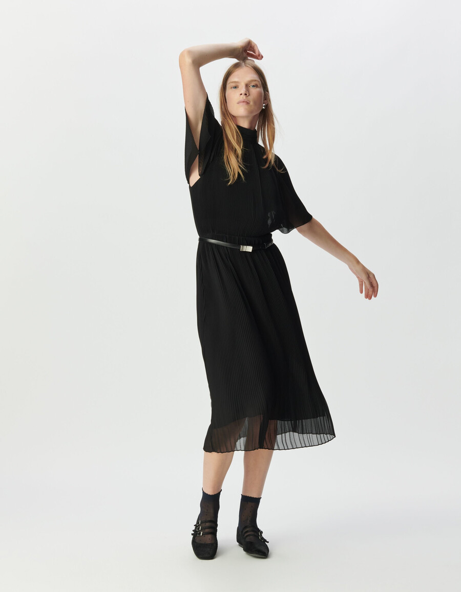 schwarzes plissiertes voile-midikleid für damen