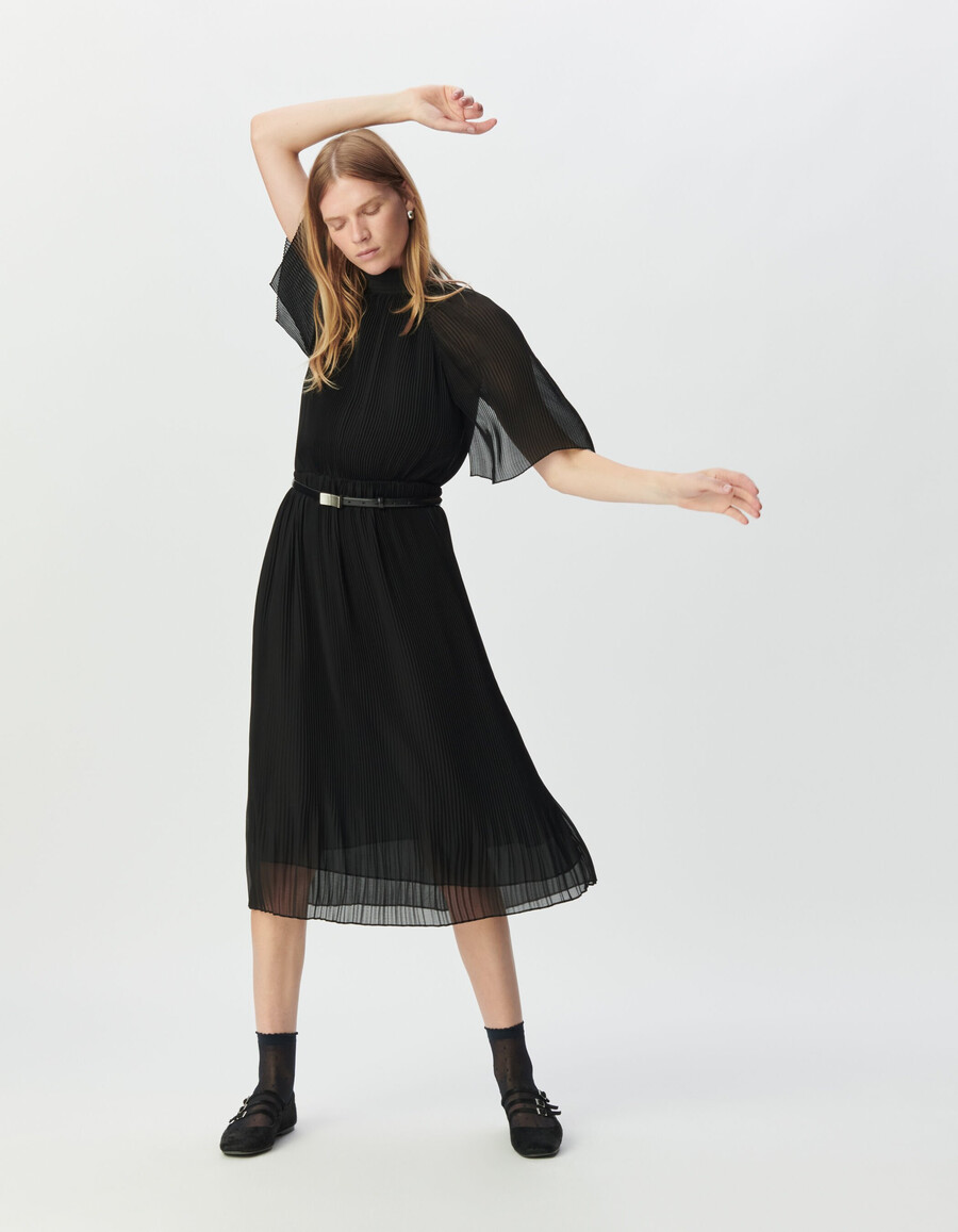 schwarzes plissiertes voile-midikleid für damen