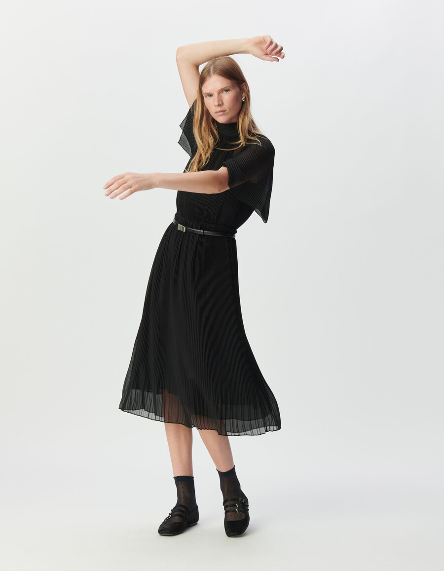 schwarzes plissiertes voile-midikleid für damen
