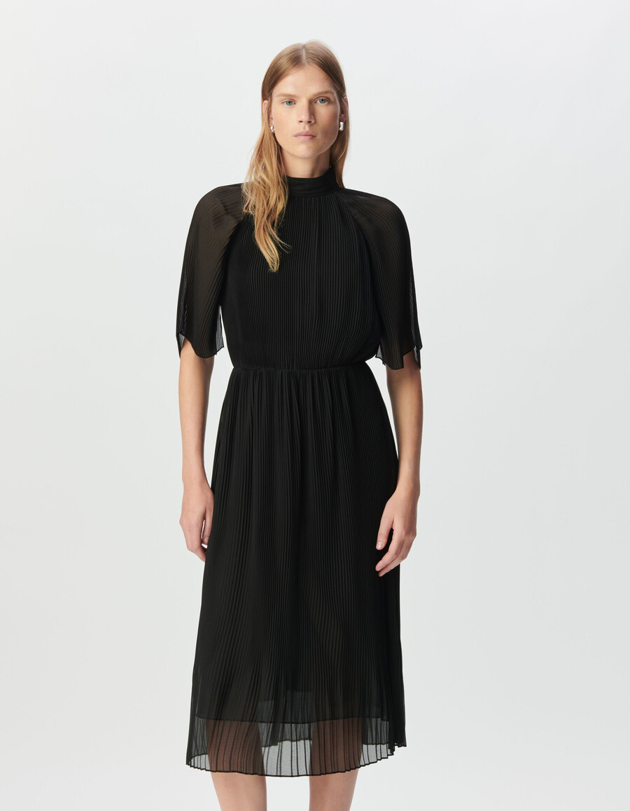 schwarzes plissiertes voile-midikleid für damen