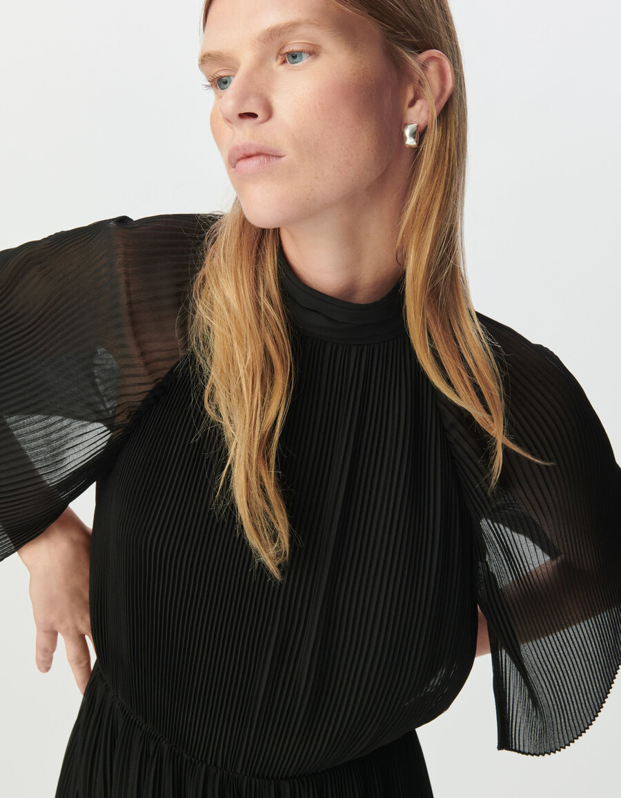 schwarzes plissiertes voile-midikleid für damen