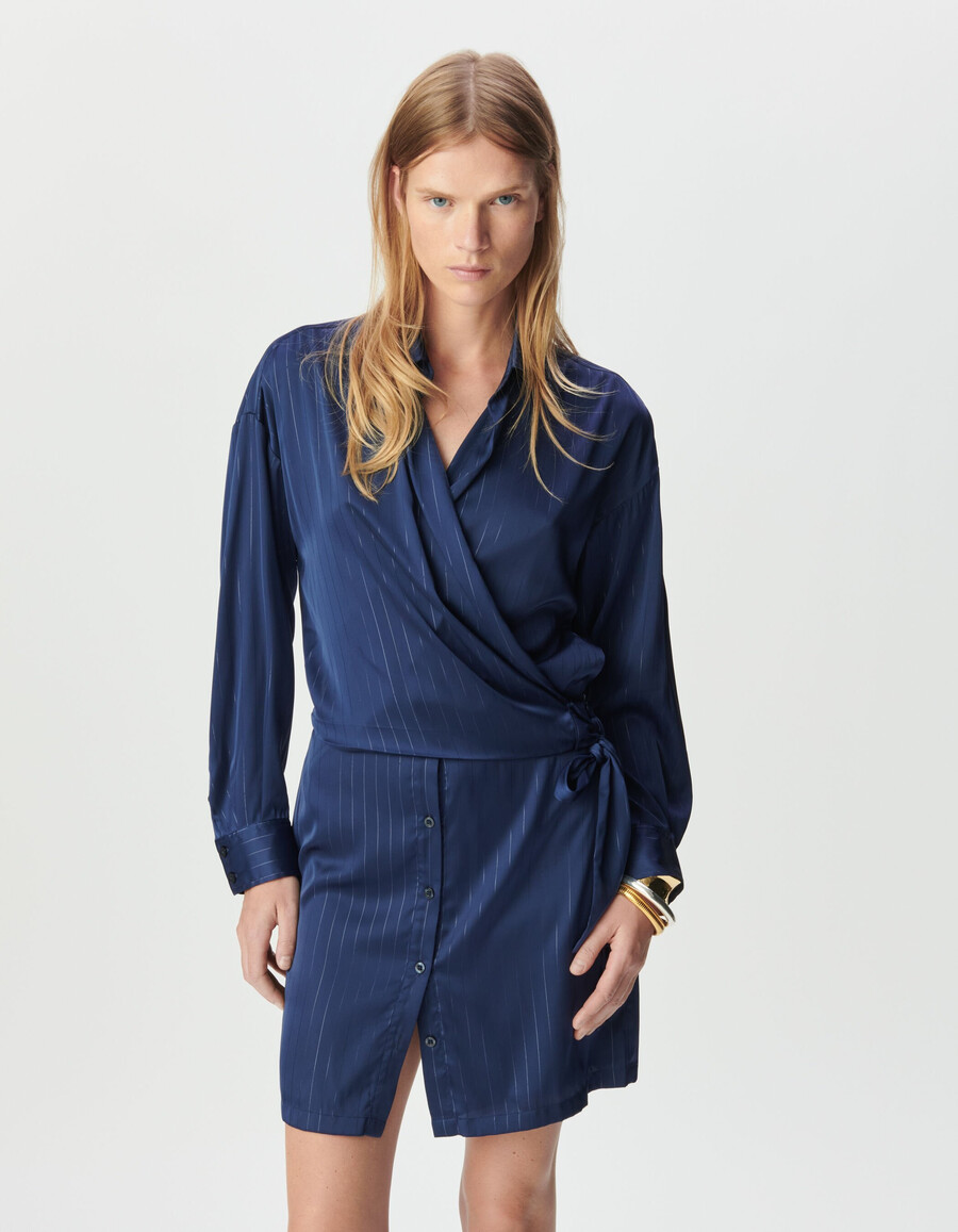 marineblau gestreiftes wickelkleid im hemdblusenstil für damen