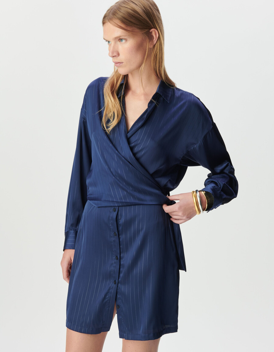 marineblau gestreiftes wickelkleid im hemdblusenstil für damen