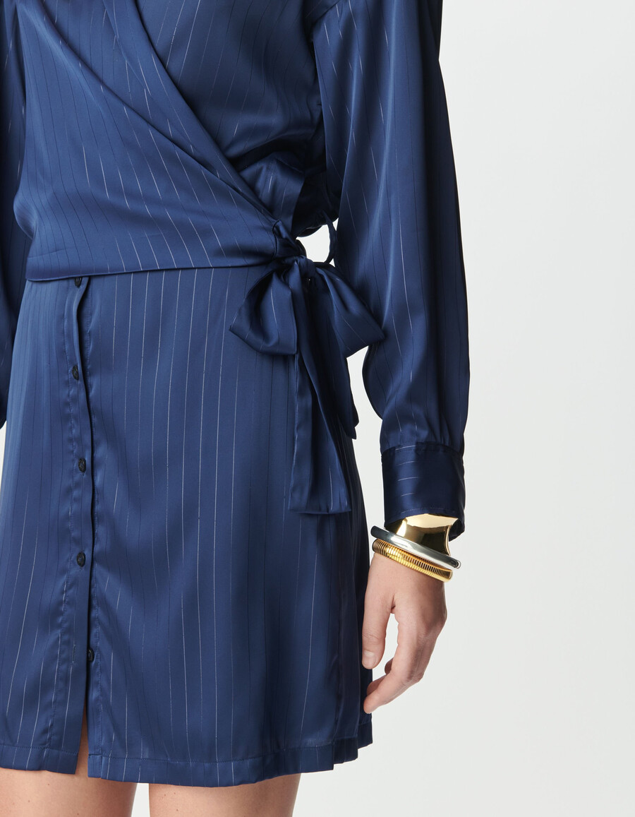 marineblau gestreiftes wickelkleid im hemdblusenstil für damen
