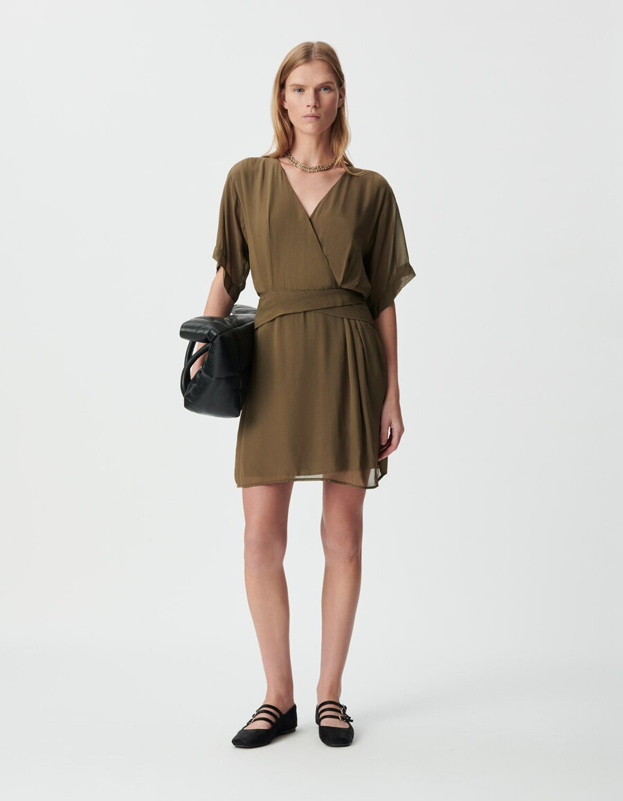khakifarbenes wickelkleid für damen mit drapierter taille
