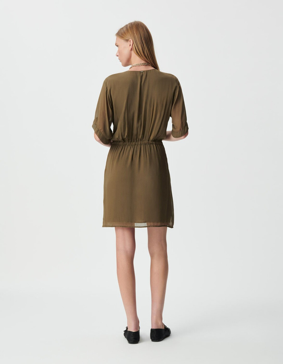 khakifarbenes wickelkleid für damen mit drapierter taille