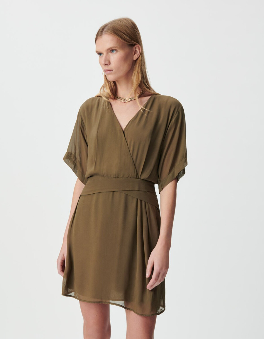 khakifarbenes wickelkleid für damen mit drapierter taille
