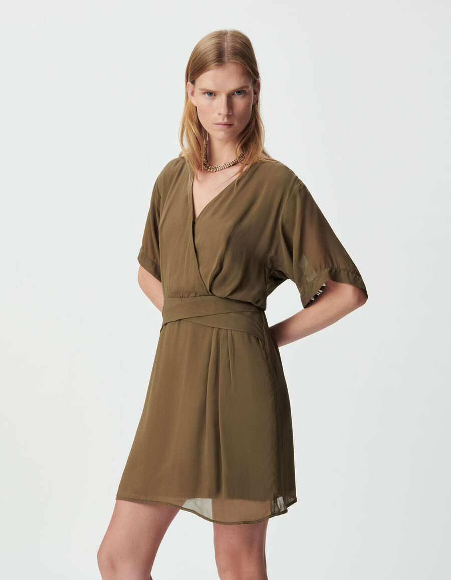 khakifarbenes wickelkleid für damen mit drapierter taille