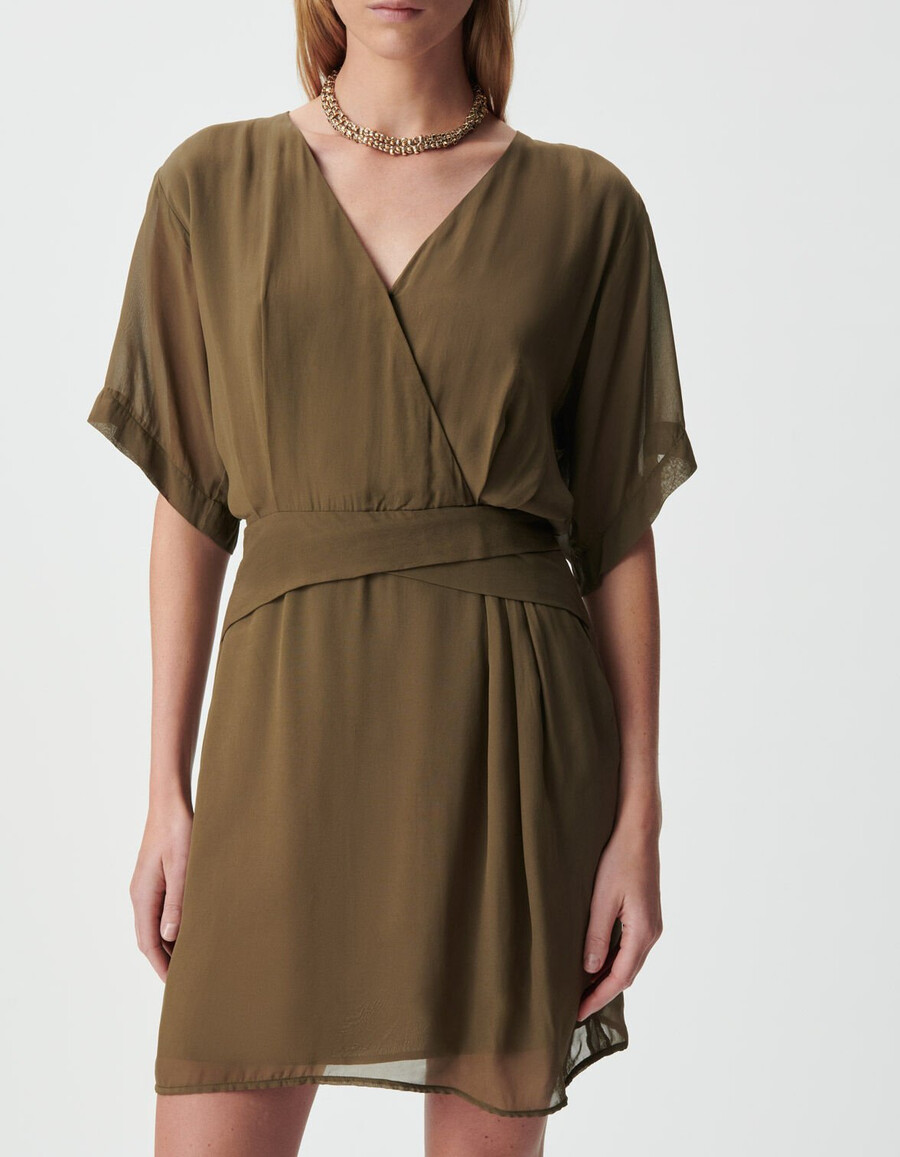 khakifarbenes wickelkleid für damen mit drapierter taille