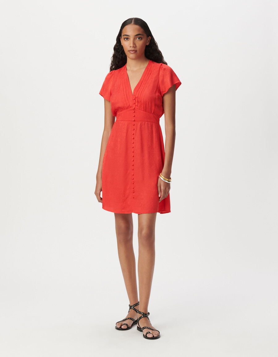 rotes satinkleid mit tiermotiv und jacquardmuster für damen