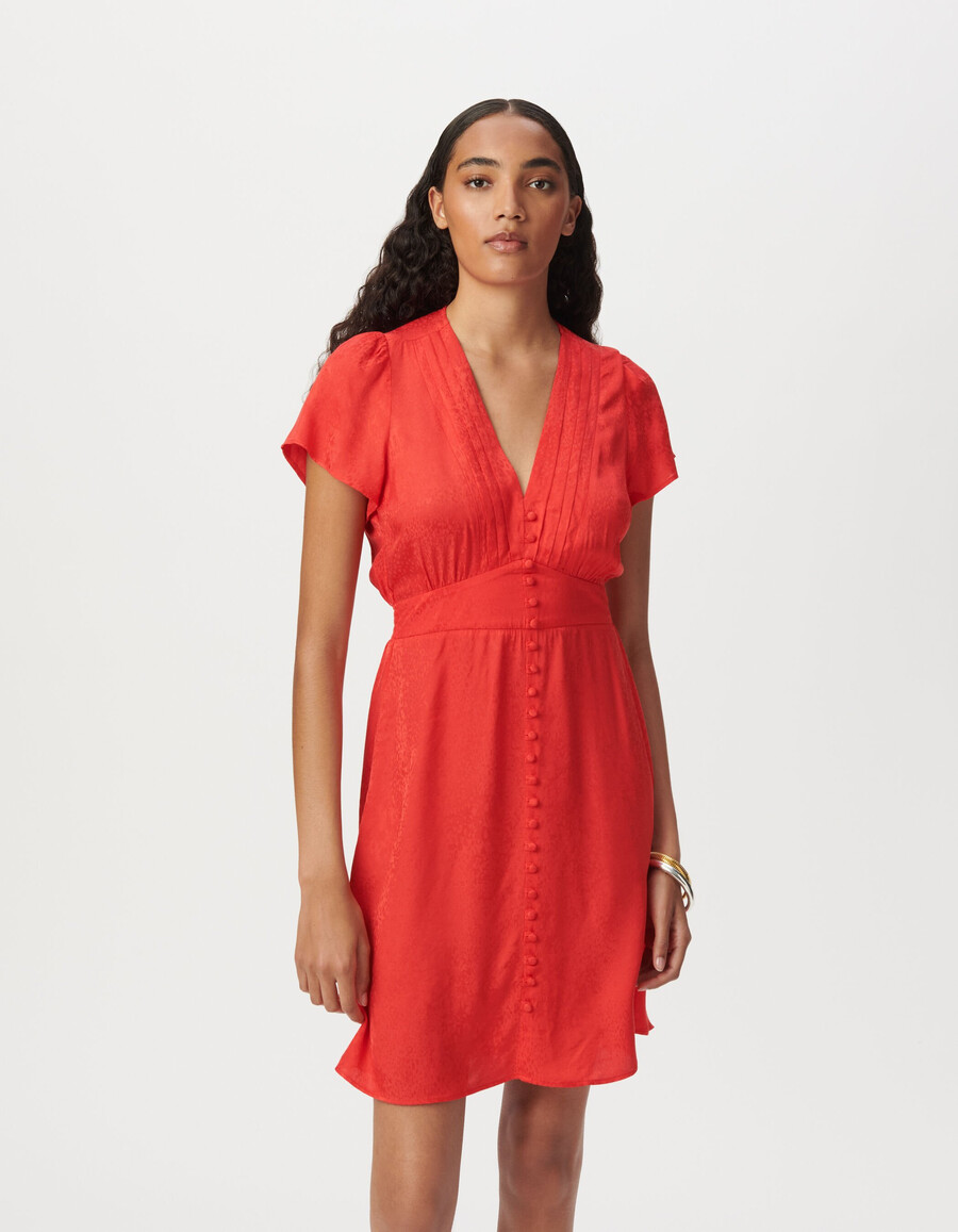 rotes satinkleid mit tiermotiv und jacquardmuster für damen