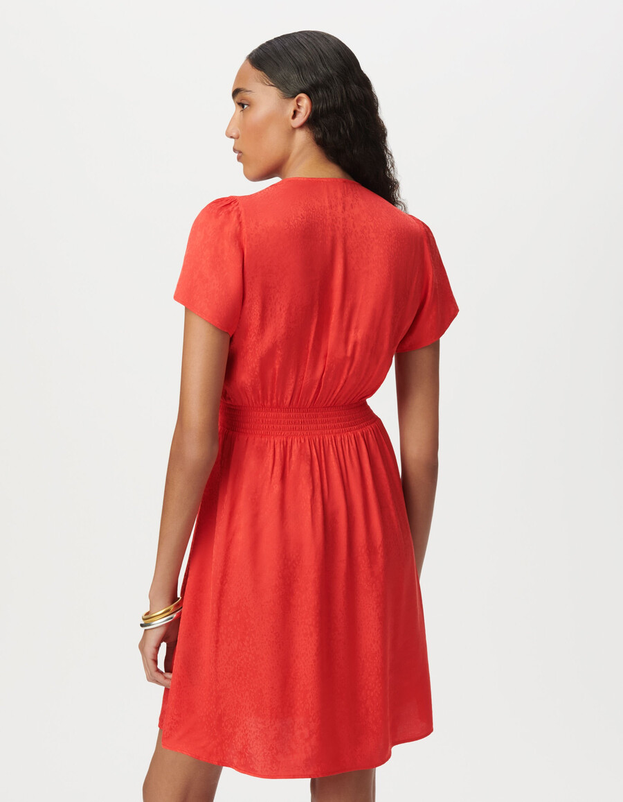 rotes satinkleid mit tiermotiv und jacquardmuster für damen