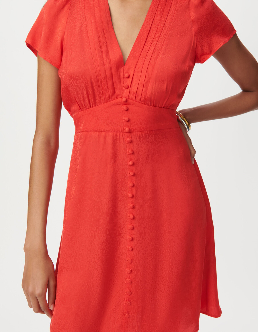 rotes satinkleid mit tiermotiv und jacquardmuster für damen