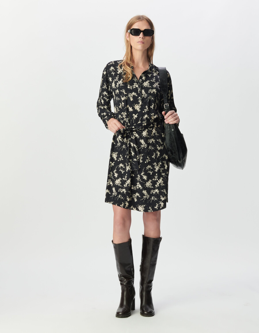 schwarzes damenkleid mit wildblumenmuster abnehmbarer gürtel