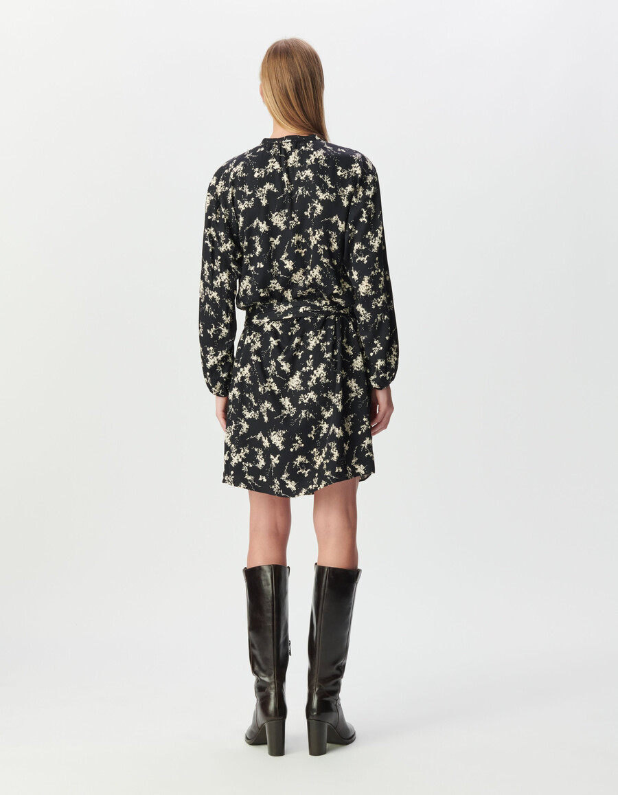 schwarzes damenkleid mit wildblumenmuster abnehmbarer gürtel