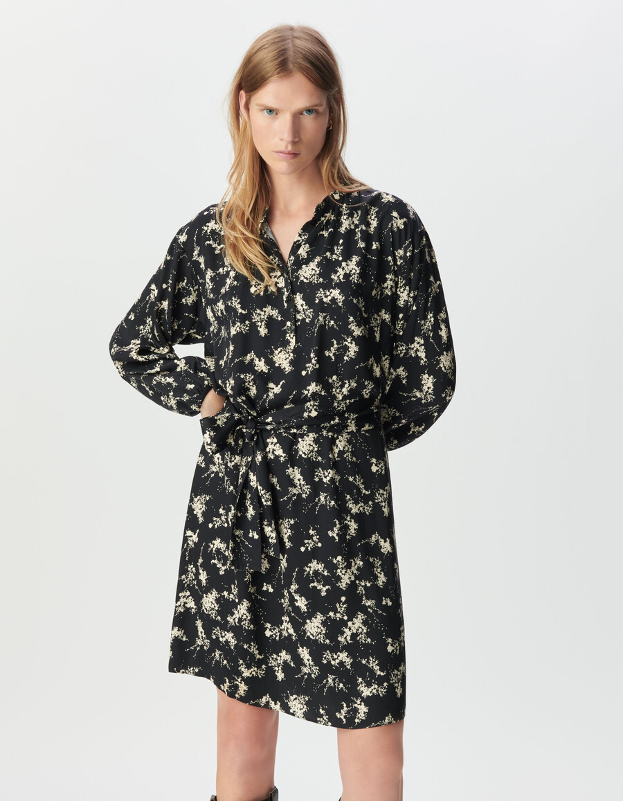 schwarzes damenkleid mit wildblumenmuster abnehmbarer gürtel