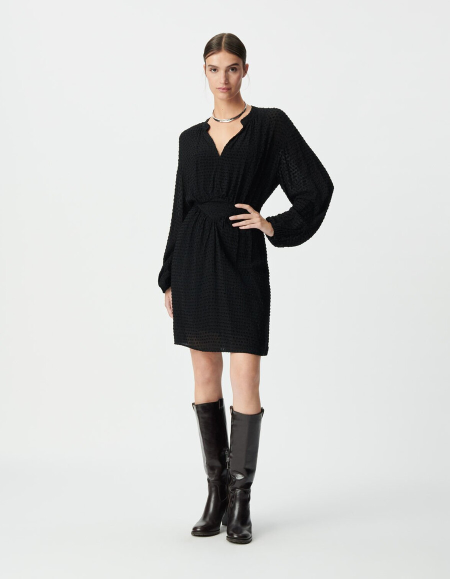schwarzes langärmeliges kleid mit v-ausschnitt für damen