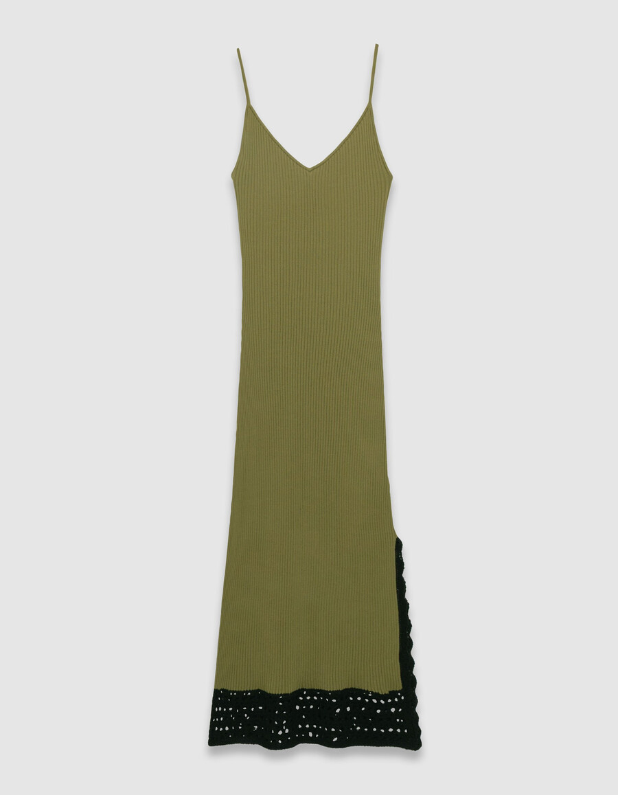 khakifarbenes geripptes langes strickkleid für damen