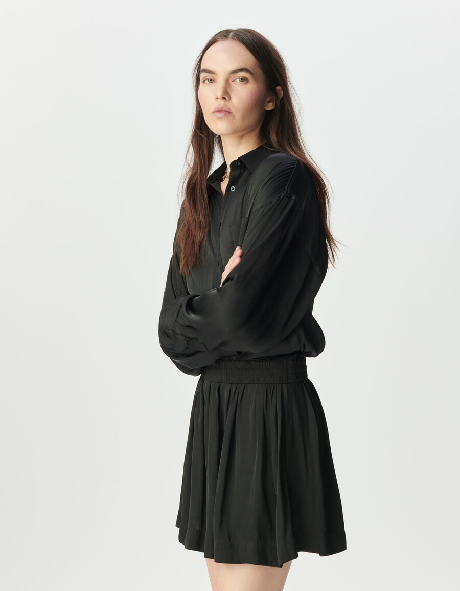 schwarzes satin-hemdkleid mit trompe-lœil-effekt für damen