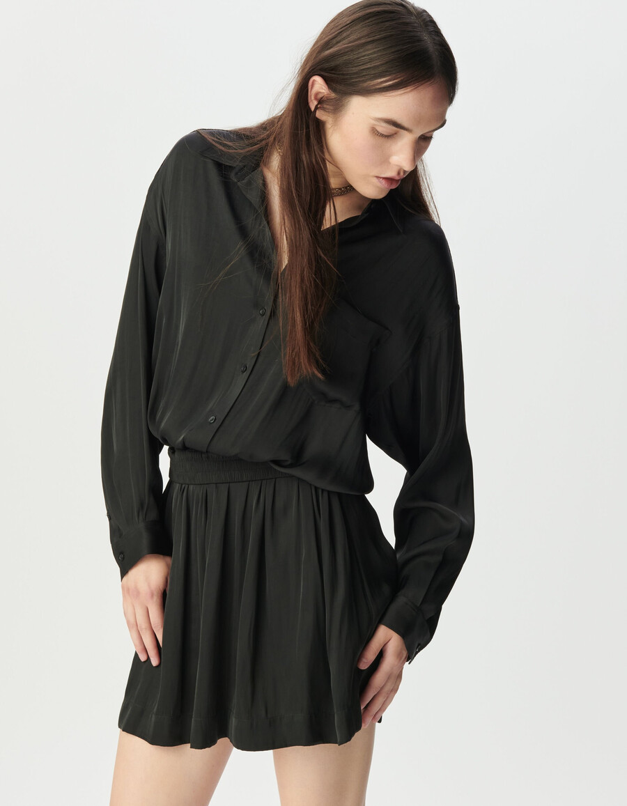 schwarzes satin-hemdkleid mit trompe-lœil-effekt für damen