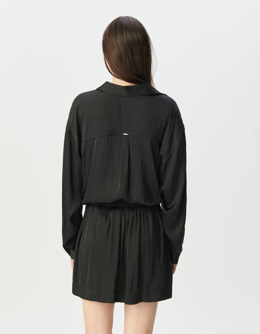 schwarzes satin-hemdkleid mit trompe-lœil-effekt für damen