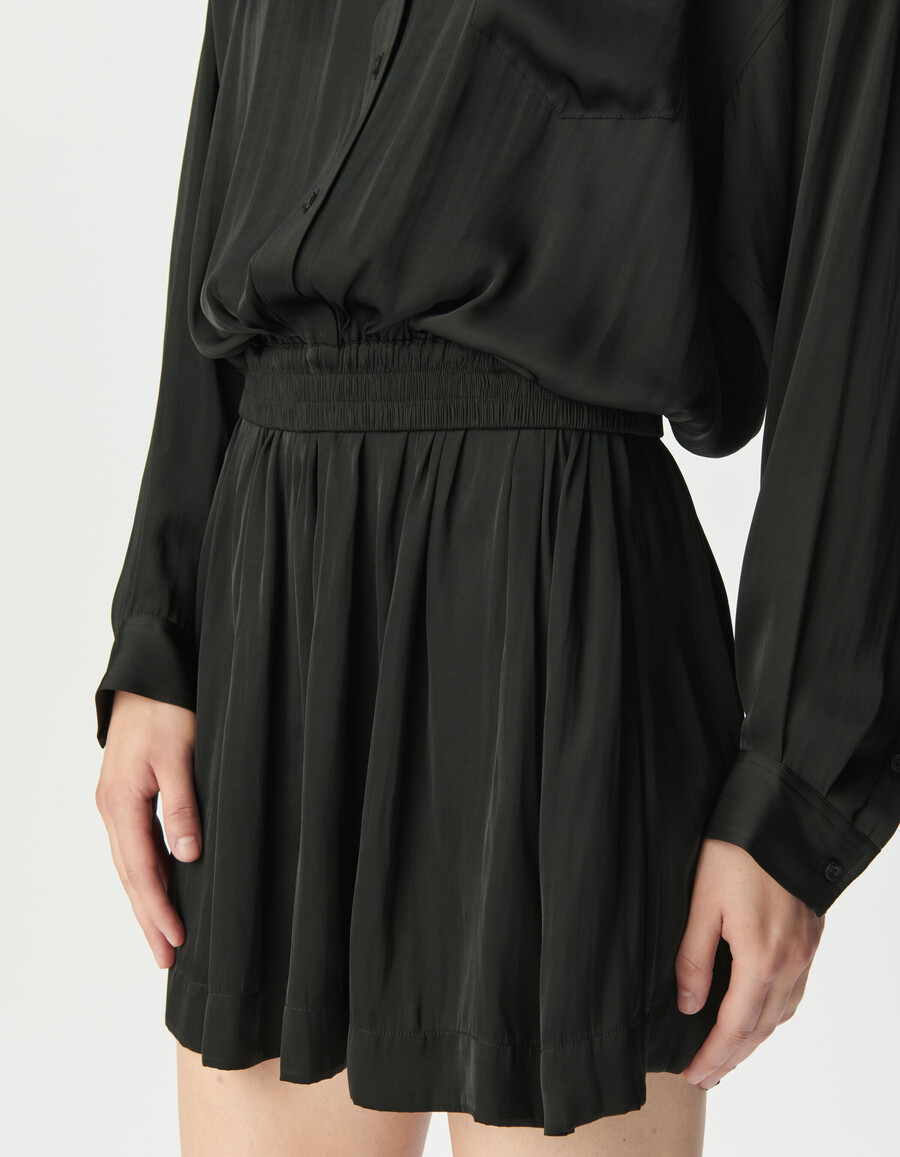 schwarzes satin-hemdkleid mit trompe-lœil-effekt für damen