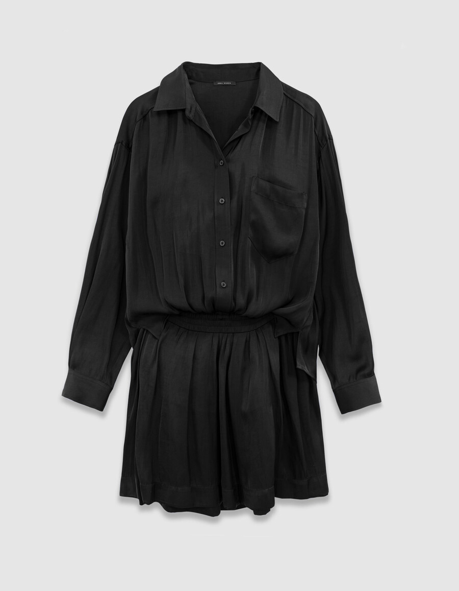 schwarzes satin-hemdkleid mit trompe-lœil-effekt für damen
