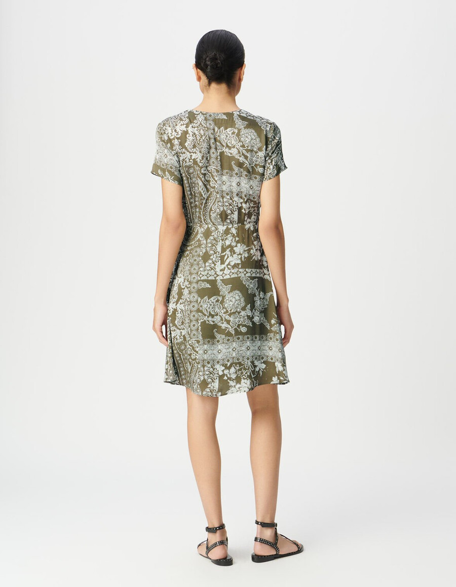 damenkleid in khaki mit fließendem schnitt und schalmuster